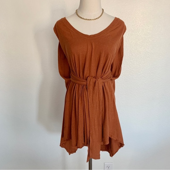 Free People Terracotta Burnt Orange Rust Breezy Tie-Front Tunic Dress - Picture 3 of 10